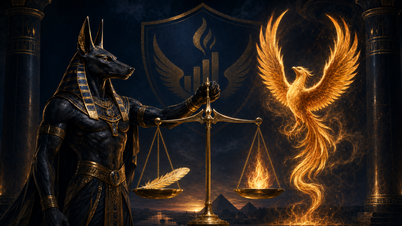 Anubis holding the scale of Ma'at, phoenix rising — the ManageValue emblem